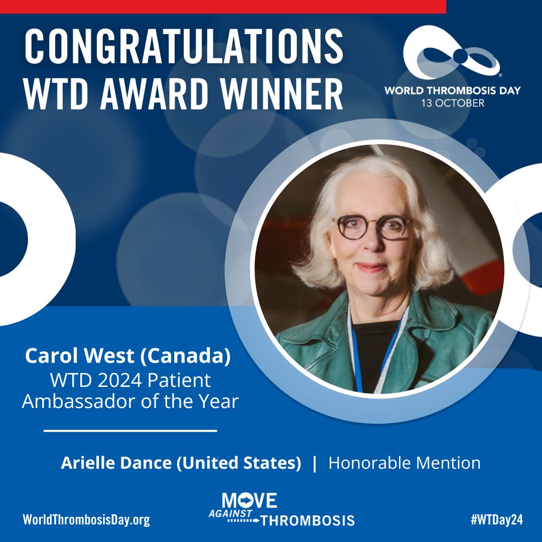 We’re thrilled to announce Carol West as our Patient Ambassador of the Year! 🎉This award celebrates Carol’s incredible dedication to raising awareness about thrombosis in her community 🙌

A special shoutout to Arielle Dance for receiving an honorable mention.