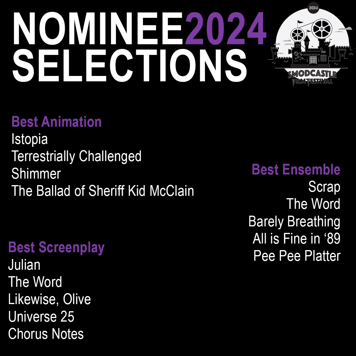 SmodCinemas's tweet photo. (1/2) Congratulations to our 2024 nominees! 

Get your tickets to Smodcastle Film Festival at https://t.co/pahmpVc7g5 https://t.co/KJK6E7mCAb