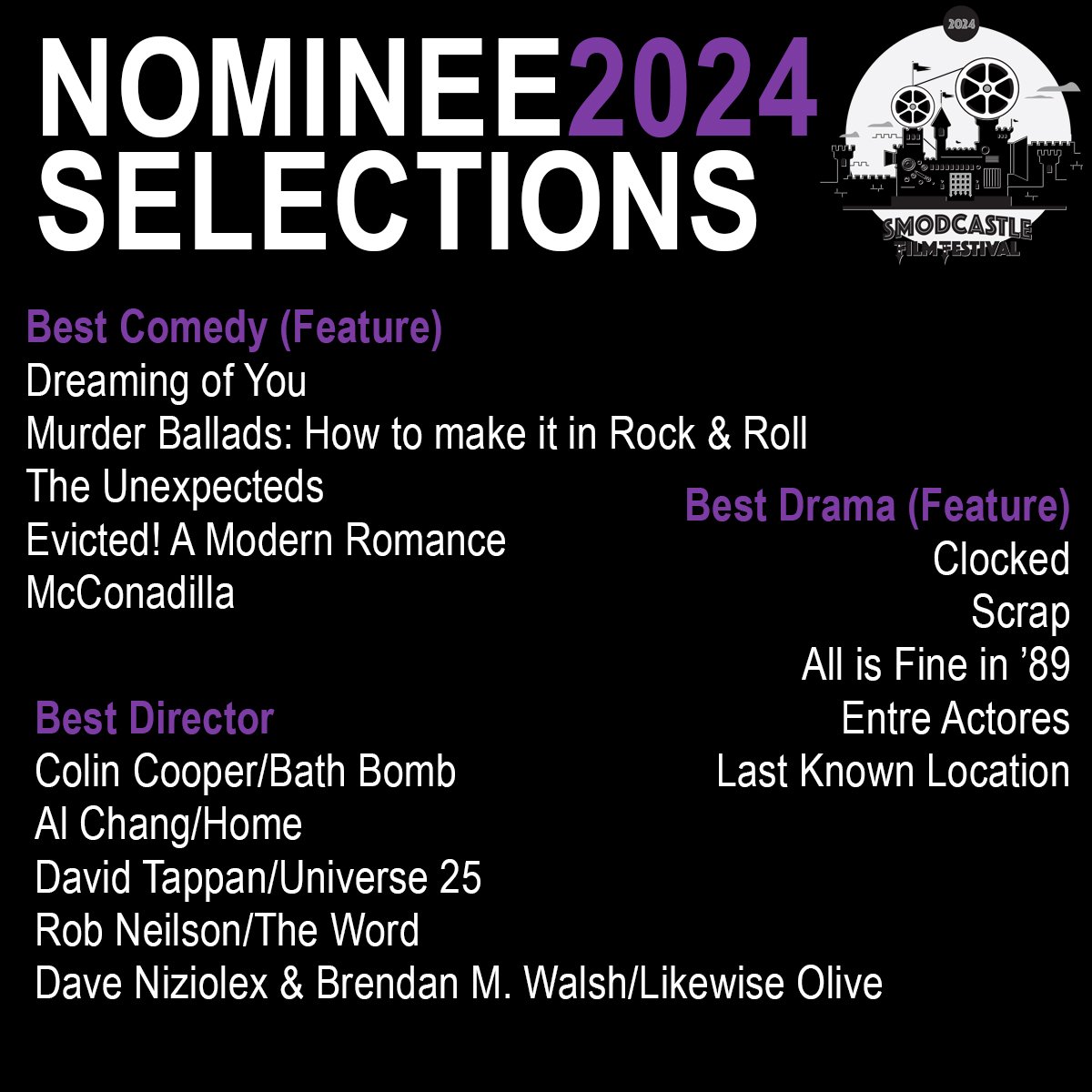 SmodCinemas's tweet photo. (2/2) Congratulations to our 2024 nominees! 

Get your tickets to Smodcastle Film Festival at https://t.co/pahmpVc7g5 https://t.co/Qm2GZN0ghY