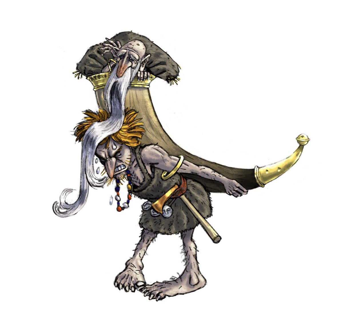 The seventh dwarf is the oldest of the patriarchs and at least the nominal head of the clan. Don’t be fooled by his age—he has seen countless battles and knows how to direct the flow of combat, provided he can see and hear what is going on.