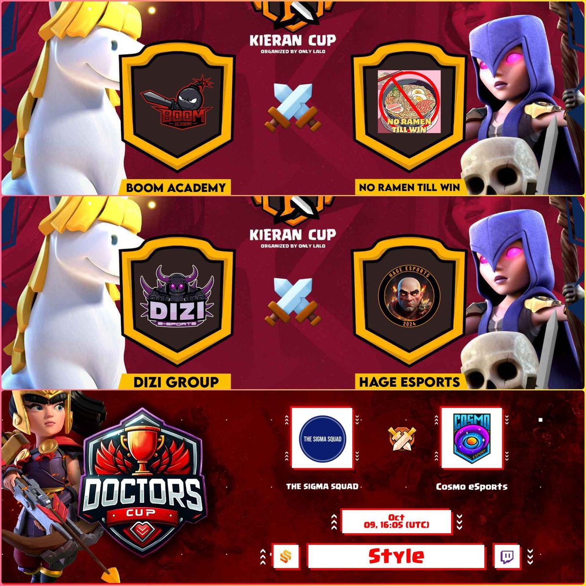 Style_coc's tweet photo. 🟣 LIVEEEEEEEEEEE!

Vamos con el Miércoles, triple guerraza para hoy! 💪

🏆 Kieran Cup | Doctors Cup 

✅ Boom Academy 🆚 No Ramen Till Win
✅ Dizi Group 🆚 Hage Esports
✅ TheSigmaSquad 🆚 Cosmo Esports

TODO el MUNDO para DENTRO! ❤

📺 https://t.co/1tsBS7OMKY https://t.co/i9pAR7kKMt