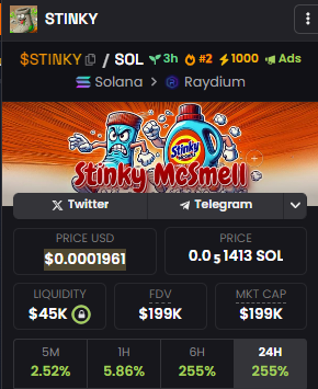 🔥 $STINKY UPDATE 🔥

We’re now Trending Top 2 on DexScreener! 🚀💨  
That’s right, Stinky Fam, we’re climbing the ranks and taking over the charts! Thanks to all of you for helping us rise to the top—let’s keep this momentum going! 💪💥

Next stop? #1! Let’s make it happen! 🚀✨
