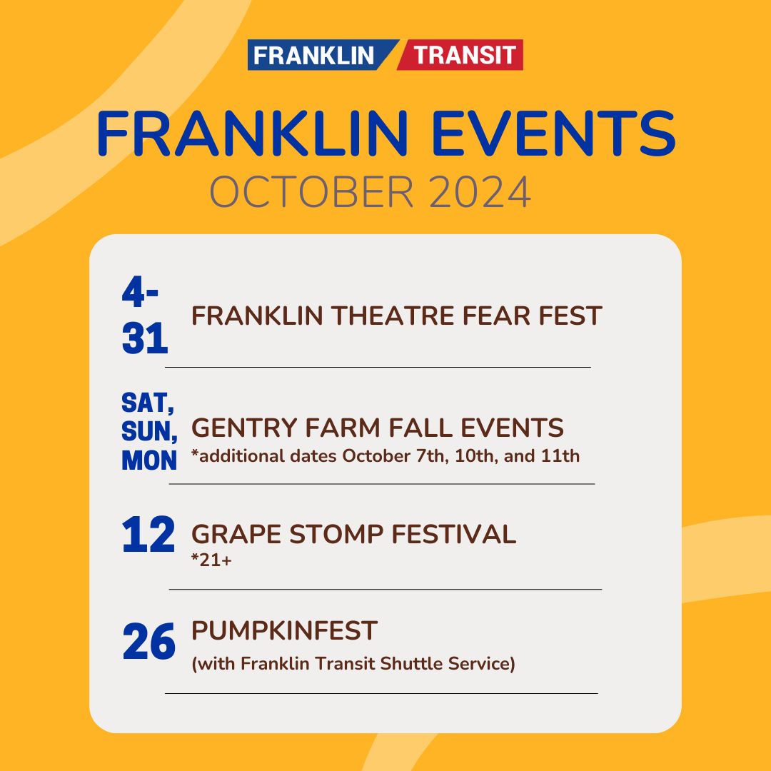 TheTMAGroup's tweet image. Check out everything going on around Franklin, and join us for the 39th annual Pumpkinfest later this month! 🚌

Learn more about these Williamson County events at franklintransit.org 🔗

#FranklinTN #MiddleTN #VisitFranklin #FranklinTransit #TMA