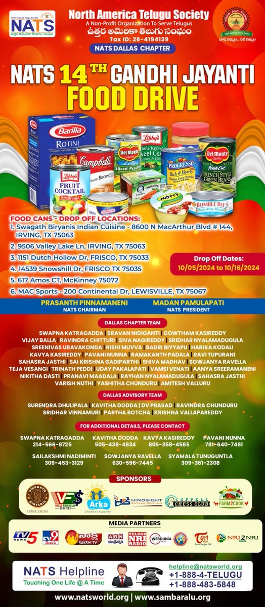 NATS Dallas Chapter Presents 14th Gandhi Jayanthi Food Drive!!!