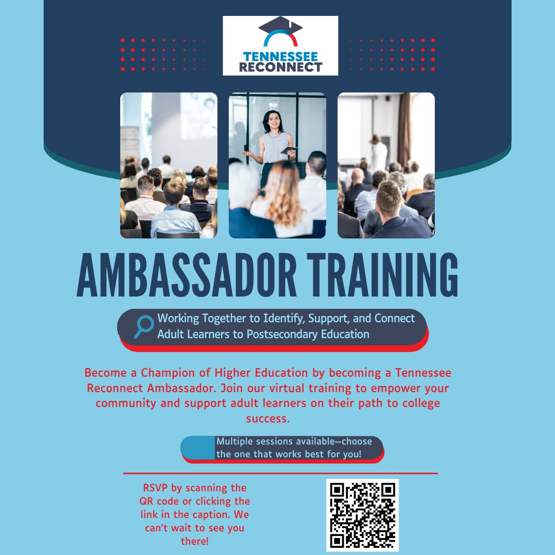 Tennessee Reconnect (@tnreconnect) on Twitter photo Join us for an exclusive training opportunity to become a Reconnect Ambassador! As an Ambassador, you'll empower adults in your community to pursue their college dreams. Register now for one of three regional virtual sessions:
To Register: TNReconnect.as.me/ambassadortrai… Join us for an exclusive training opportunity to become a Reconnect Ambassador! As an Ambassador, you'll empower adults in your community to pursue their college dreams. Register now for one of three regional virtual sessions:
To Register: TNReconnect.as.me/ambassadortrai…