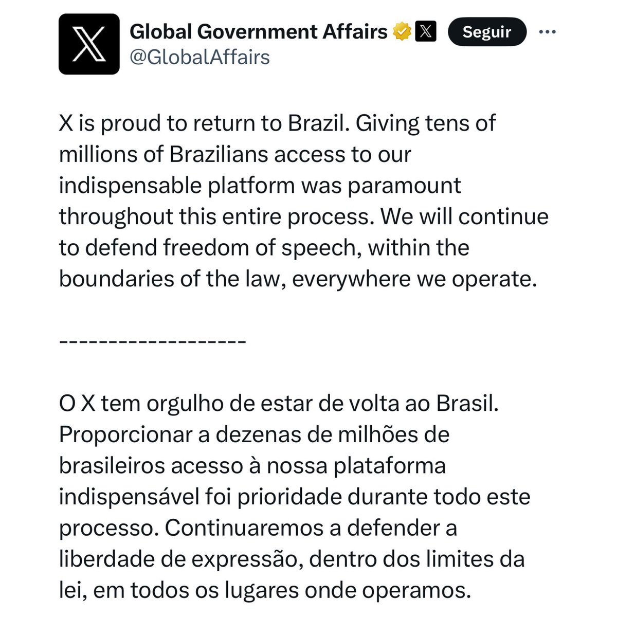 Continuaremos a defender a liberdade de expressão, DENTRO DOS LIMITES DA LEI… 

Kkkk O Xandão botou o Elon Musk pra mamar mesmo kkkk