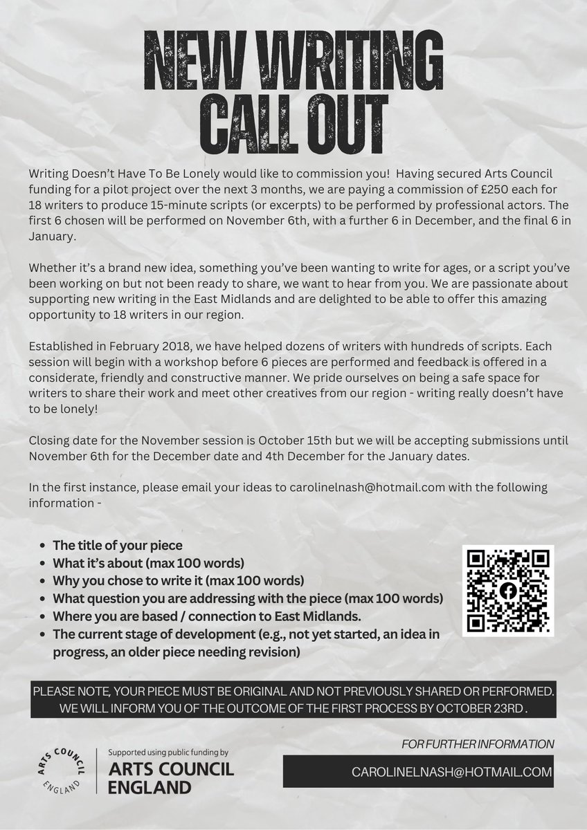 Having secures Arts Council funding, we are delighted to offer paid commissions to 18 writers over the next 3 months. Can't wait to read your scripts...