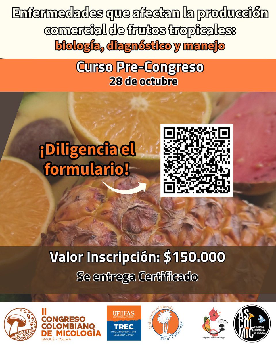 ASOCIACIÓN COLOMBIANA DE MICOLOGÍA ASCOLMI (@ascolmicologia) on Twitter photo Quieres aprender sobre las enfermedades que causan los hongos en las plantas? Inscribete en nuestro curso de #fitopatologia dictado por Romina Gazis del <a href="/ClinicPlant/">Tropical Plant Clinic & Research Lab</a> de USA. Escanea el QR Quieres aprender sobre las enfermedades que causan los hongos en las plantas? Inscribete en nuestro curso de #fitopatologia dictado por Romina Gazis del <a href="/ClinicPlant/">Tropical Plant Clinic & Research Lab</a> de USA. Escanea el QR