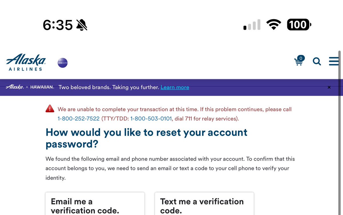 SloKat78's tweet photo. @AlaskaAir why has your password reset tool been down for over a day. I cannot reset my password and get an error. How is this possible. You guys need to fix this so I can get my boarding pass. https://t.co/jT9lzrN1Tc