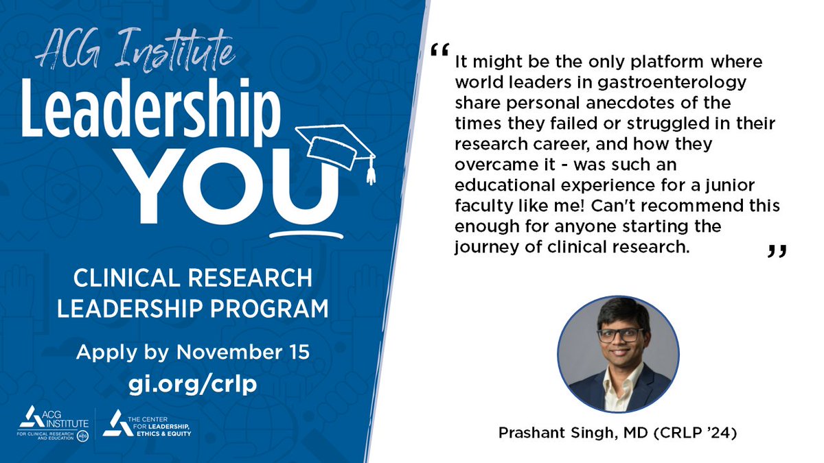 ACG (@amcollegegastro) on Twitter photo Apply for the #ACGInstitute Clinical Research Leadership Program!
Learn research leadership skills to maintain a successful independent research program. For US physician members 2-15 years post-fellowship.
Apply by November 15
➡️ gi.org/crlp
#CRLP <a href="/NeenaSAbrahamMD/">Neena S Abraham MD MACG FASGE AGAF</a> Apply for the #ACGInstitute Clinical Research Leadership Program!
Learn research leadership skills to maintain a successful independent research program. For US physician members 2-15 years post-fellowship.
Apply by November 15
➡️ gi.org/crlp
#CRLP <a href="/NeenaSAbrahamMD/">Neena S Abraham MD MACG FASGE AGAF</a>