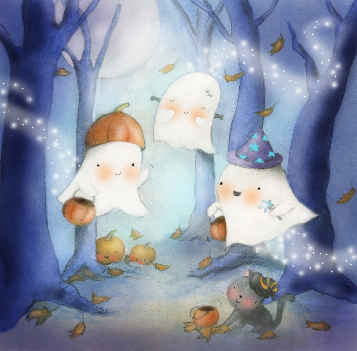 It's a private trick-or-treat party! 🥳 These three happy ghosts and their trusty kitty by Alicia Padron <a href="/AliciaPadronArt/">Alicia Padron</a> are having lots of fun! 👻😸 

Check out this artist's #portfolio 👉 childrensillustrators.com/aliciapadron/p… 

#kidlitart