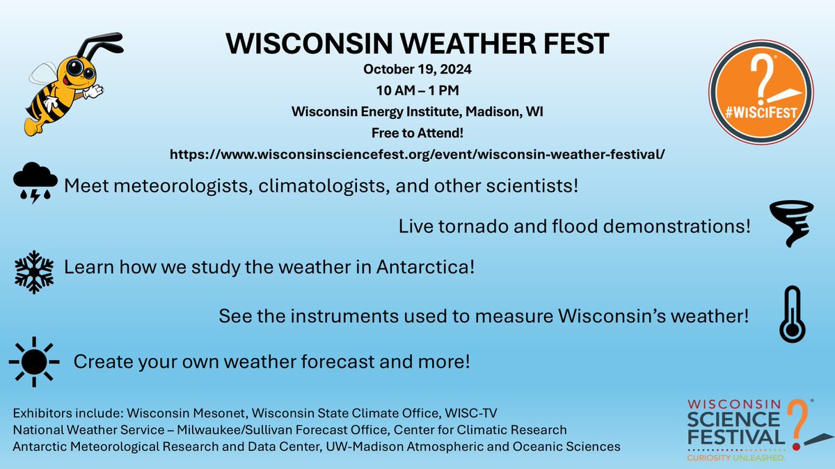 We're 10 days away from the FREE Wisconsin Weather Fest, hosted as part of #WiSciFest!

Join <a href="/WI_ClimateSCO/">Wisconsin State Climatology Office</a>, <a href="/NWSMilwaukee/">NWS Milwaukee</a>, <a href="/ANTMET/">Antarctic Meteorological Research and Data Center</a>, <a href="/WISCTV_News3/">News 3 Now / Channel 3000</a>, Wisconet, and more at <a href="/UWEnergy/">UW Energy Institute</a> as we talk about the weather and climate of Wisconsin and beyond!

wisconsinsciencefest.org/event/wisconsi…