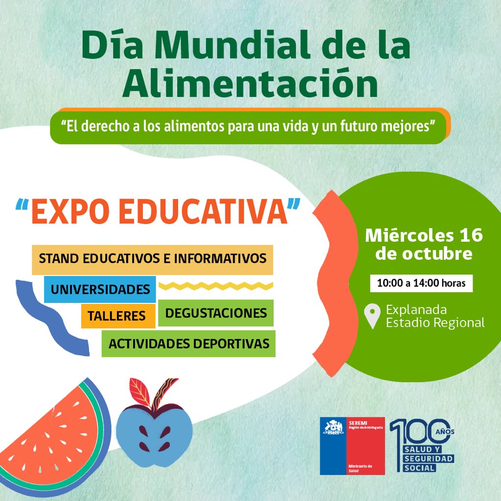 🍎🥕¡Únete a nosotros en el Día Mundial de la Alimentación! Te invitamos a participar en la Expo Educativa que se llevará a cabo el miércoles 16 de octubre, de 10:00 a 14:00 horas, en la explanada del Estadio Regional de Antofagasta.