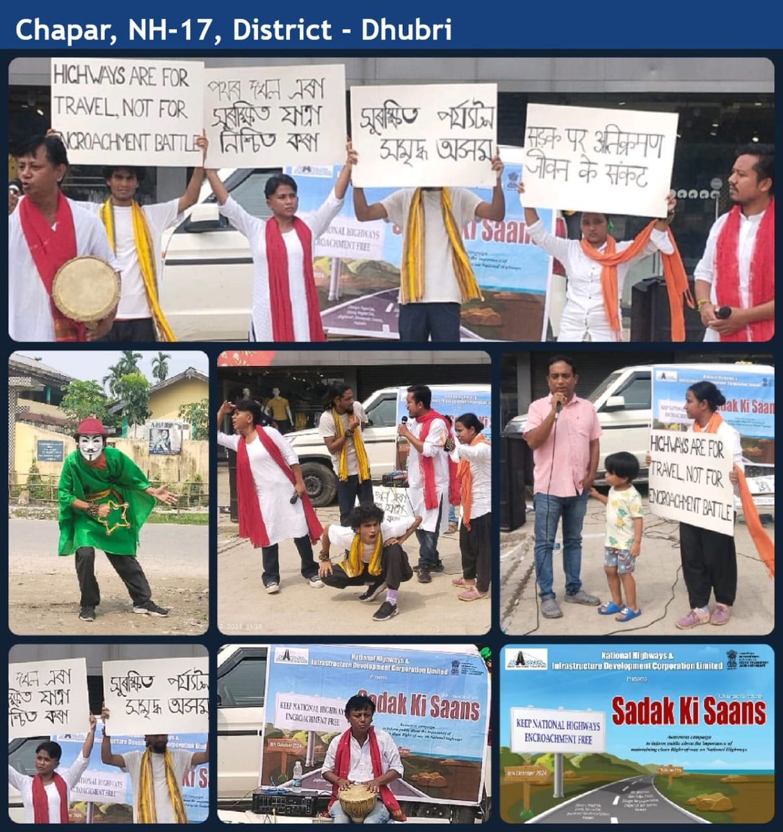 NhidclG's tweet photo. On October 9, 2024, four Nukkad Nataks (street plays) were conducted in Districts of Dhubri, Bongaigaon, Goalpara &amp; Kamrup, to address encroachments on National Highways. We appreciate the local communities' participation in this initiative.

#CommunityEngagement #safehighways https://t.co/5NoeQ4Xmy7