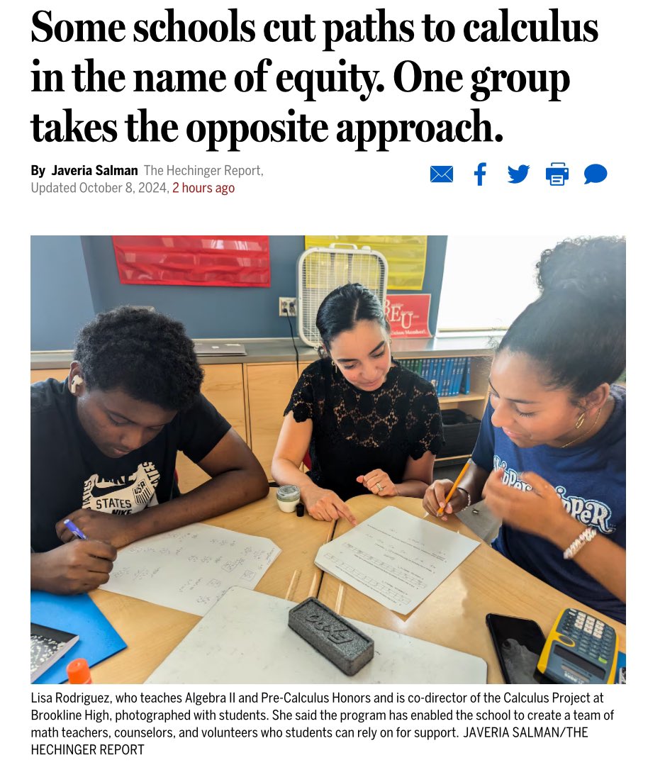 bostonglobe.com/2024/10/08/met…

“In 2012, Brookline High saw more Black students score as advanced on the state Massachusetts Comprehensive Assessment System Math test than ever before; 88 percent were Calculus Project participants…

The project runs counter to a recent push to engage