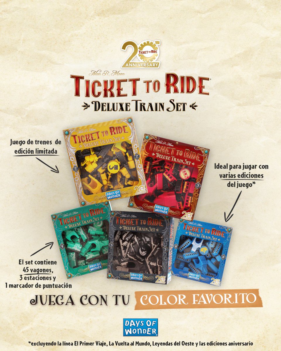Asmodee_es's tweet image. ¡Juega con tu color favorito! 

Ya están disponibles los sets de trenes de lujo por el 20 aniversario de ¡Aventureros al Tren! el popular juego de construcción de rutas ferroviarias que ha conquistado las mesas de juego de todo el mundo

#tickettoride #aventurerosaltren
