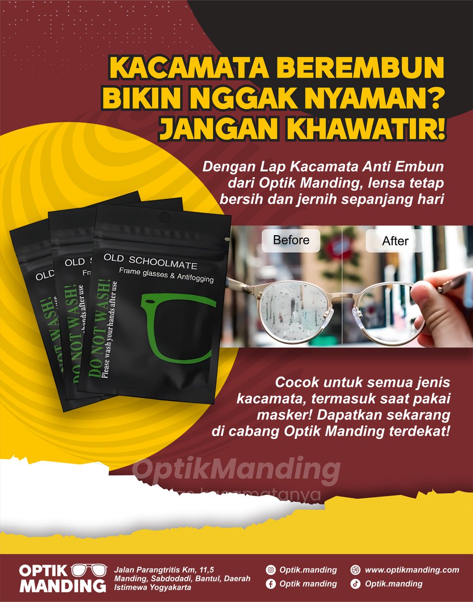 Optik_Manding's tweet photo. Bingung dengan lensa kacamata yang selalu berembun saat pakai masker atau cuaca dingin? ❄️😷

Tenang, di Optik Manding kami punya solusinya! Lap Kacamata Anti Embun yang efektif menjaga lensa tetap bersih dan jernih sepanjang hari. 💧👌 https://t.co/xuvkdA9hHy