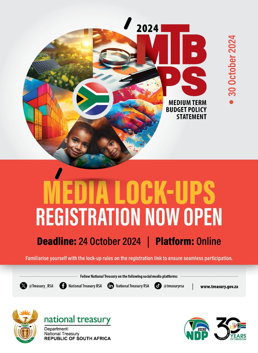 #MTBPS2024 | 2024 MTBPS LOCK-UP REGISTRATION

Minister of Finance, Enoch Godongwana will table the 2024 Medium Term Budget Policy Statement (MTBPS) in Parliament on Wednesday, 30 October 2024, at 14h00.

Lock-ups have been arranged for journalists and economists in Cape Town and