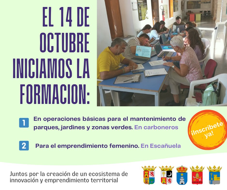 Cursos que comienzan el 14 de octubre!
Formación en operaciones básicas para el mantenimiento de parques,jardines y zonas verdes y Formación para el emprendimiento femenino Contacta al Ayuntamiento de Carboneros: 647 834 640 retodemografico@carboneros.es #RetoDemográfico