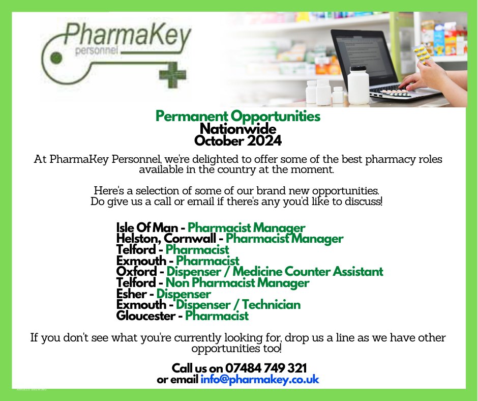 At PharmaKey, we provide some of the best opportunities in pharmacy nationwide today! Here's a selection of our latest roles, let us know if there's something you like and let us know if there isn't! 😀
We'd love to help you find whatever you're looking for!
#pharmacyjobs