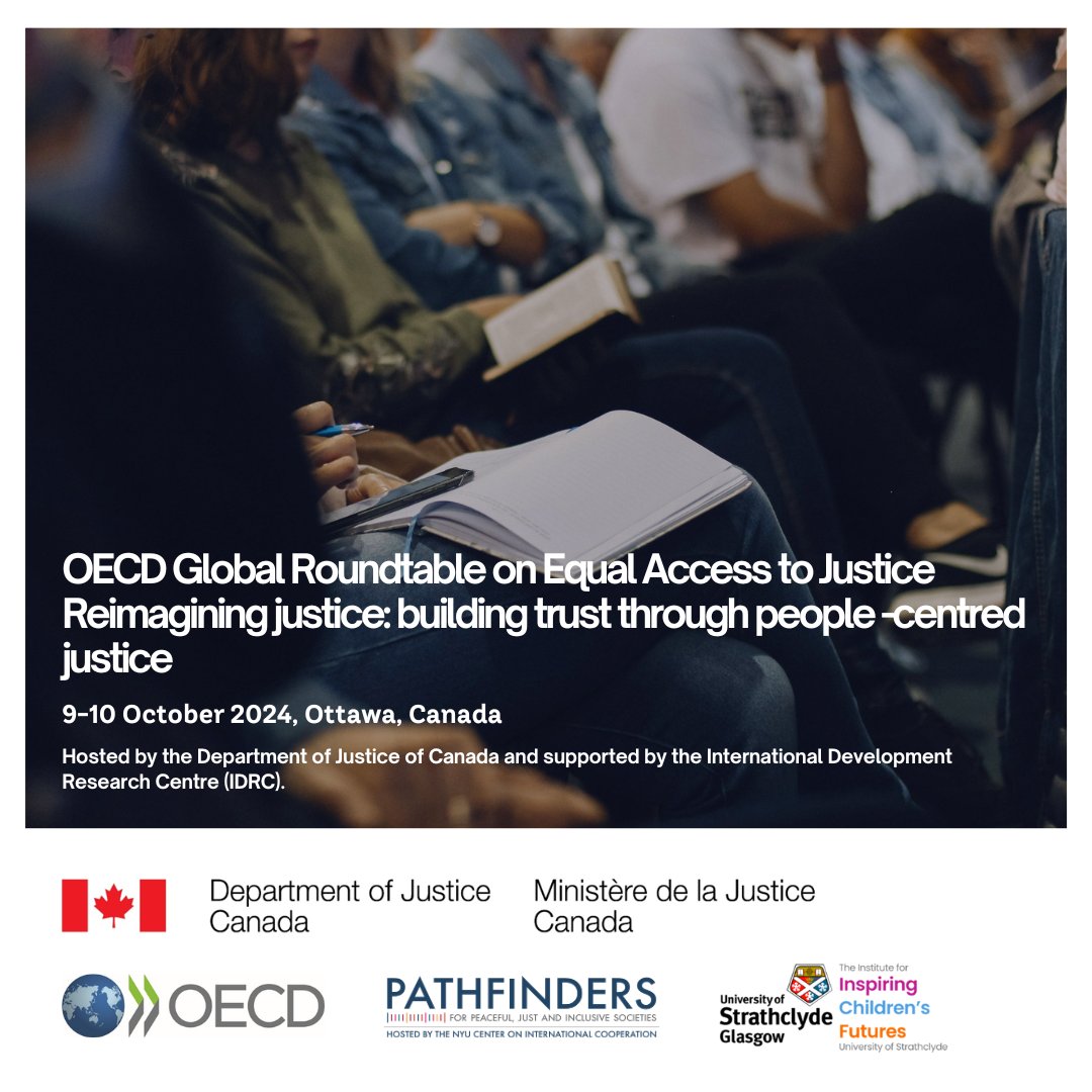 The 2024 OECD Global Roundtable on Equal Access to Justice will focus on advancing people-centred justice, promoting the rule of law, and strengthening democracy. Hosted by Canada’s Dept. of Justice and supported by IDRC. #SDG16 #EqualJustice #RuleOfLaw