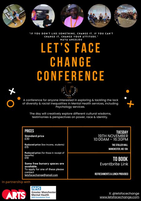 OddArtsUK's tweet photo. ‼️BOOK•YOUR•PLACE‼️ @letsfacechange conference @StollerHall 19th Nov 24
Addressing #racism and inequalities in #mentalhealth services #workshops #presentations #Theatre #music #dance @GMMH_NHS

https://t.co/xVIeyrjtT7

#mentalhealthmatters #culturematters #clinicalpsycology https://t.co/PaYEicHDaJ