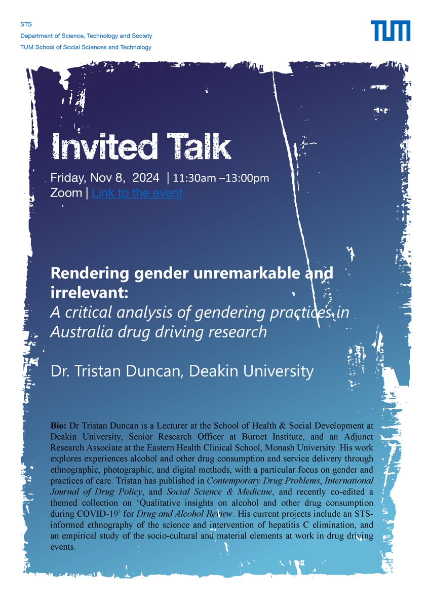 Aysel Sultan (@drayselsultan) on Twitter photo V much looking forward to <a href="/tristankduncan/">Tristan Duncan</a>'s talk on gendering practices in Australia's drug driving research hosted at <a href="/TUM_STS/">TUM Department of Science, Technology & Society</a>. The talk will be online on Nov 8 at 11:30 (CET). For more details➡️
sts.sot.tum.de/en/sts/home/ne… V much looking forward to <a href="/tristankduncan/">Tristan Duncan</a>'s talk on gendering practices in Australia's drug driving research hosted at <a href="/TUM_STS/">TUM Department of Science, Technology & Society</a>. The talk will be online on Nov 8 at 11:30 (CET). For more details➡️
sts.sot.tum.de/en/sts/home/ne…