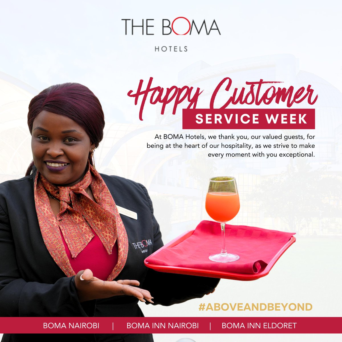 Happy Customer Service Week!  We value every guest who chooses to stay with us—you’re our VIPs and a vital part of our journey. ❤️ You’re not just guests—you’re family. Thank you for being part of our story. 

#CustomerServiceWeek #BomaInnNairobi #BomaNairobi #BomaInnEldoret