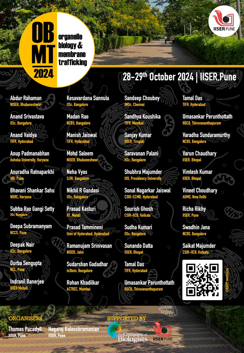 Nagaraj Balasubramanian (@adhesionlab) on Twitter photo #OBMT2024 | 2nd edition at <a href="/IISERPune/">IISER Pune</a> | Oct 28-29 |
This is an informal gathering of labs, people, and ideas. If your lab is interested in participating but hasn't heard of us, do contact us.
Website: tinyurl.com/OBMT2024
Supported by <a href="/Co_Biologists/">The Company of Biologists</a> and <a href="/IISERPune/">IISER Pune</a> #OBMT2024 | 2nd edition at <a href="/IISERPune/">IISER Pune</a> | Oct 28-29 |
This is an informal gathering of labs, people, and ideas. If your lab is interested in participating but hasn't heard of us, do contact us.
Website: tinyurl.com/OBMT2024
Supported by <a href="/Co_Biologists/">The Company of Biologists</a> and <a href="/IISERPune/">IISER Pune</a>