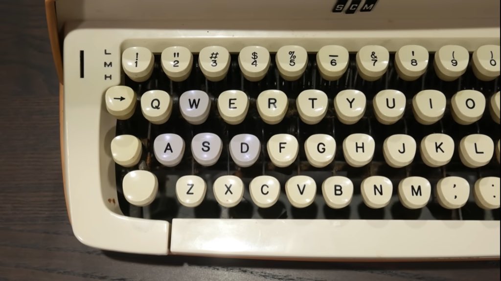 MKVRiscy's tweet image. There’s a joke in the technology connections video about the way in which some typewriters can “undo” the last typed character and during some panning B-roll a typewriter’s keys are shown but the WASD keys are a slightly different color