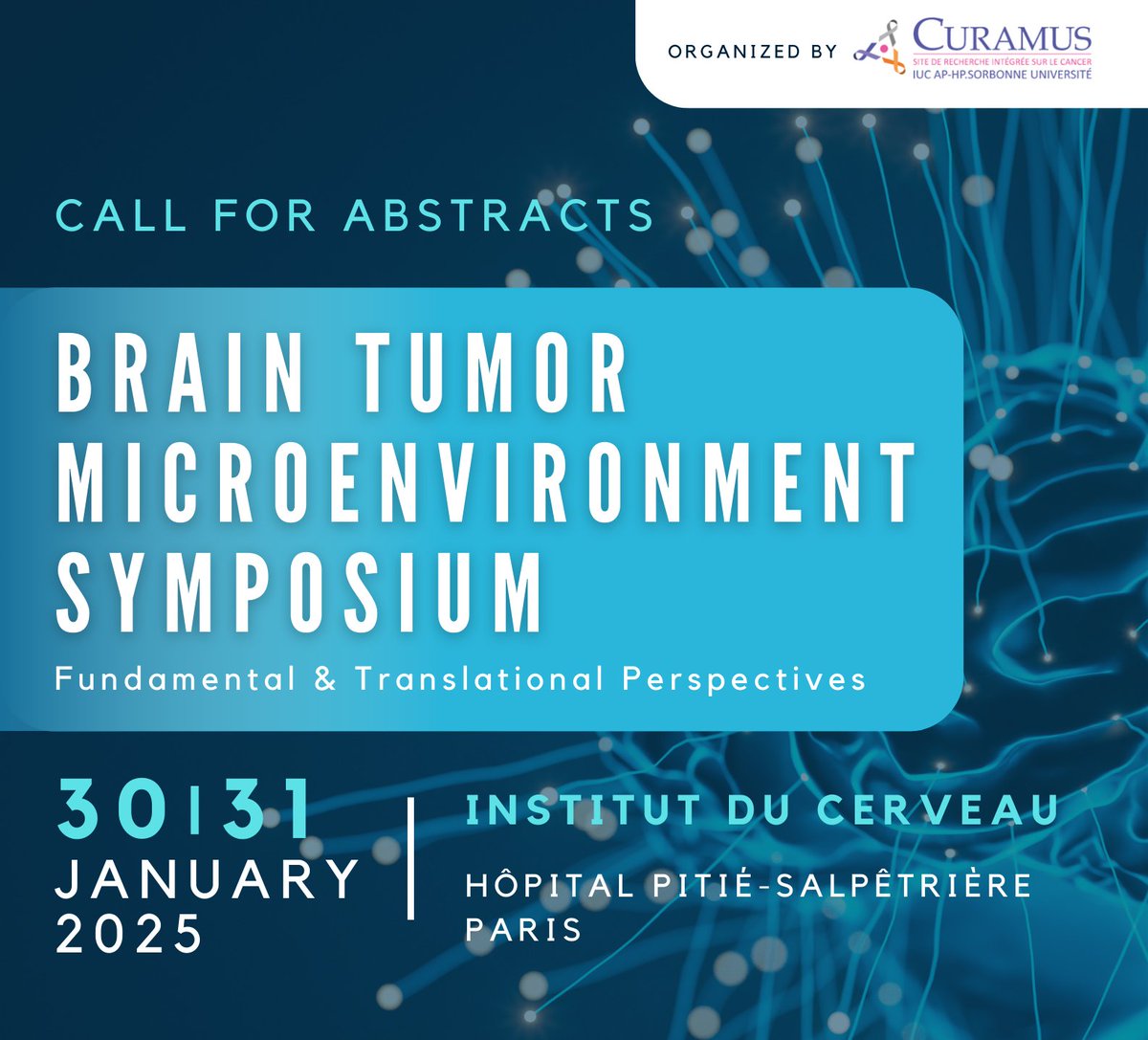 curamus's tweet photo. 🎙 [CALL FOR ABSTRACTS]

You are a young researcher (PhD, Post-doc) working on brain tumor microenvironment ? Oral communications and posters sessions are planned to allow you to present your work to an international panel of experts!

👉 Details here: https://t.co/otD1VZRwxZ https://t.co/9sPcsfn8Ui