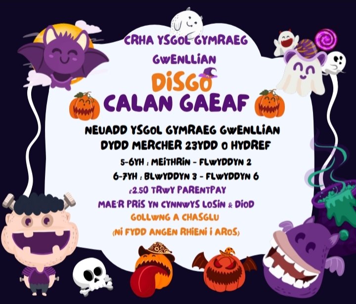 PtaCrha's tweet photo. 🎃 Disgo Calan Gaeaf 👻
🎃 Halloween Disco 👻 https://t.co/VjBv9740Rm