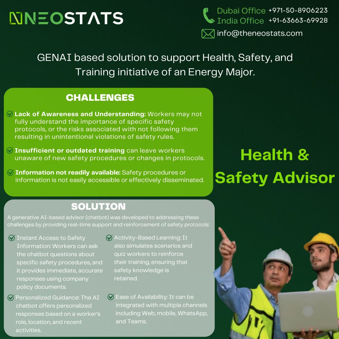 Neo_Stats's tweet photo. 🚀 UseCaseSeries 2 | Transforming Health &amp; Safety Documentation Access with Generative AI 🚀

Stay tuned for more real-world innovations in our upcoming posts. 

#NeoStats #AI #Chatbot #HealthAndSafety #NeoStats #Innovation #Petrochemicals #GenerativeAI #UseCases https://t.co/VCqapXi236