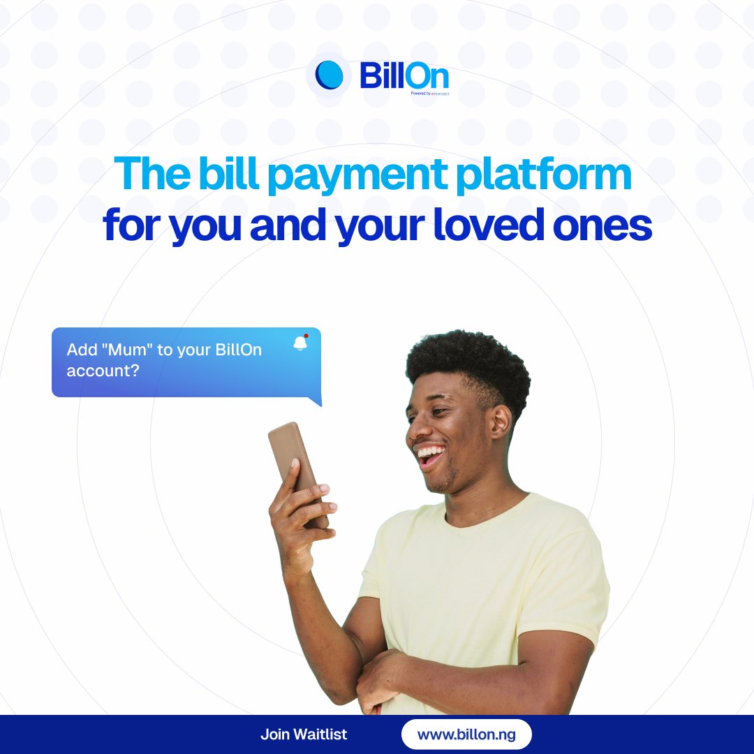 PaywithbillOn's tweet photo. Why manage multiple accounts? With BillOn, add family and friends to your account and pay bills in one place. 

Join BillOn waitlist via the link in the bio 🤗

#billpayment #BillOn #paywithease #oneplaceforall #easyliving #smartpayments #unifiedpayments #paytogether https://t.co/oXLqIrPWVd