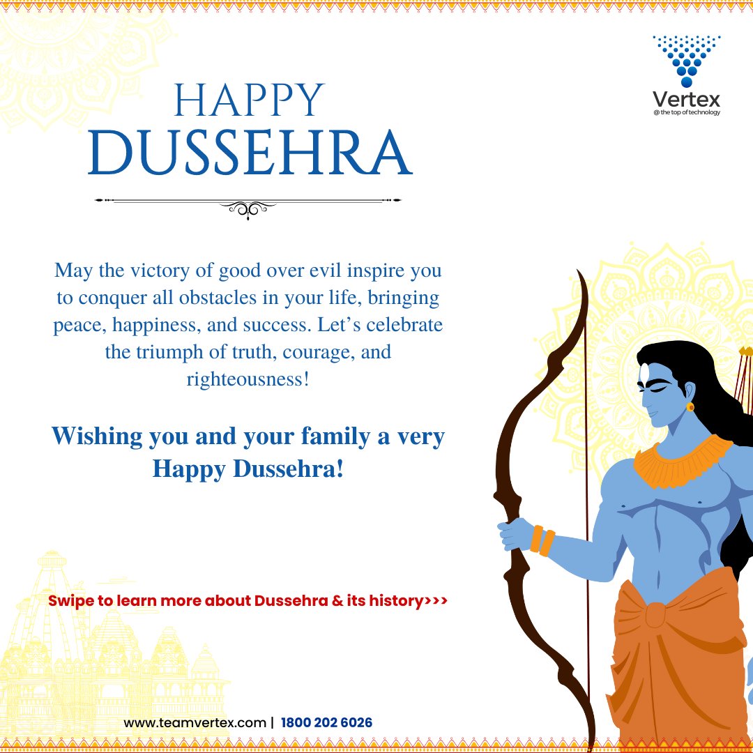 vertex_techsol's tweet image. Happy Dussehra! 🌿✨

Celebrating the triumph of good over evil, truth over lies, and light over darkness. This Dussehra, let’s embrace the spirit of victory and start anew with hope and courage. Wishing you and your loved ones happiness, peace, and success.

#Dussehra  #Festive