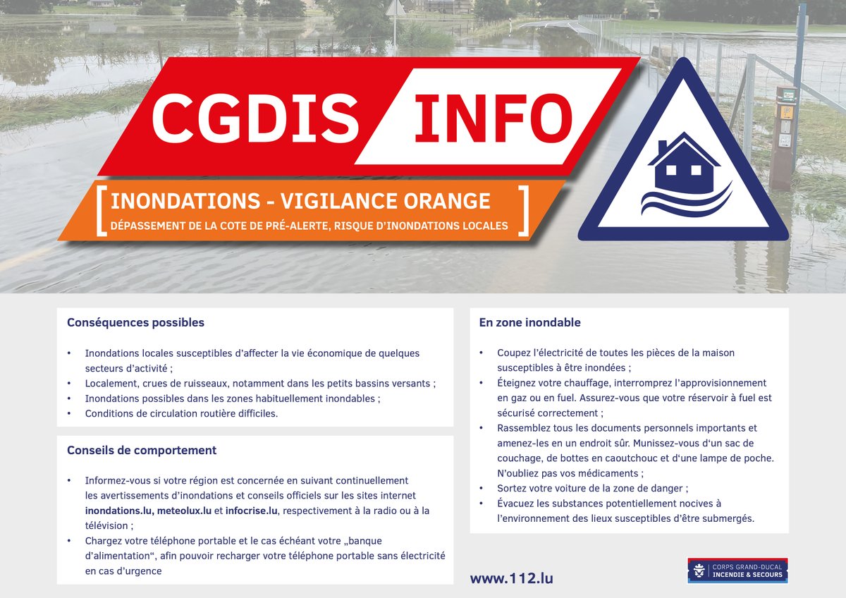 [PLUIE ET INONDATIONS - VIGILANCE ORANGE]
Meteolux et l'Administration de la gestion de l'eau annoncent une vigilance pluie et inondations pour tout le pays.

Prévisions météo actuelles sur meteolux.lu.
Conseils sur inondations.lu.