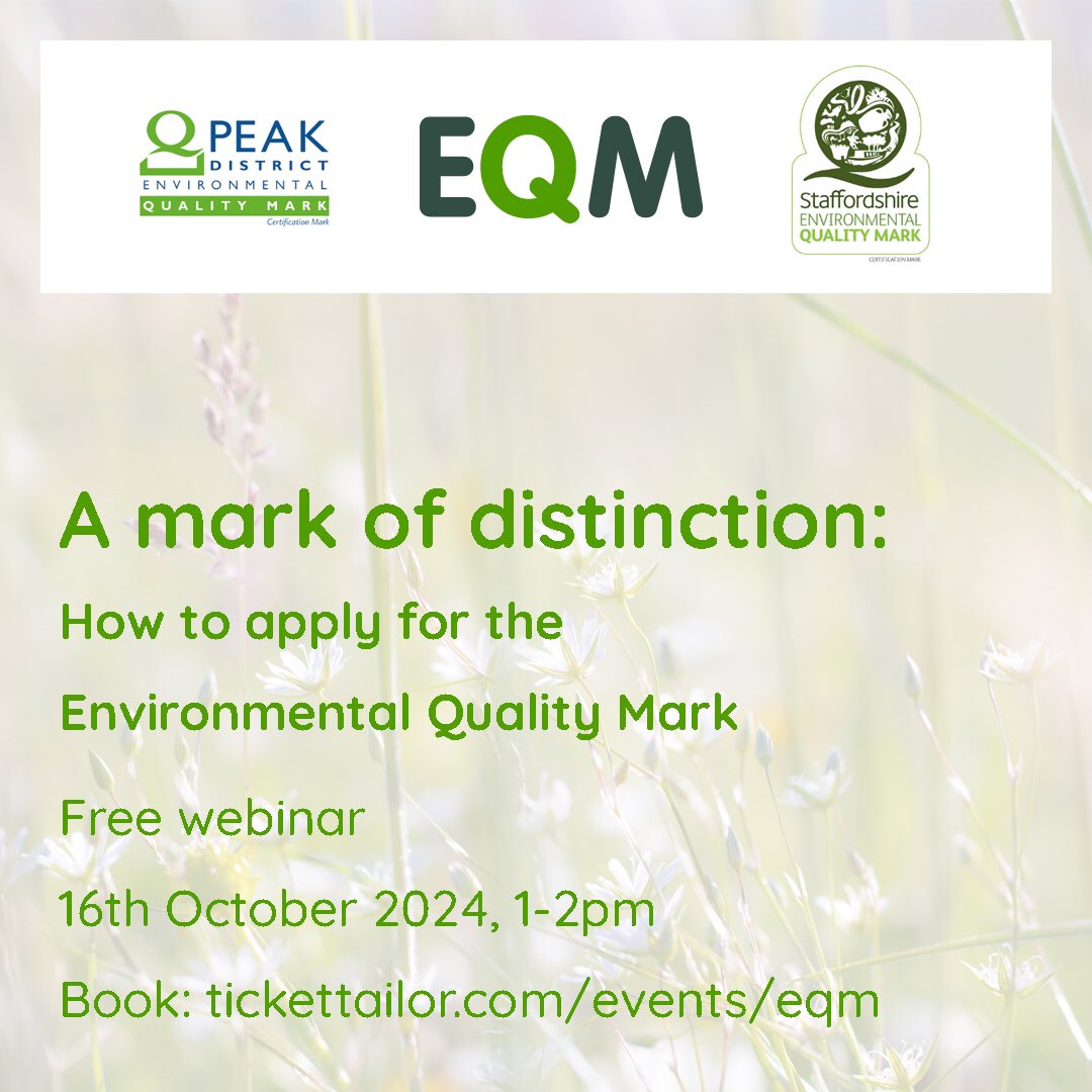 Join our live webinar on how to apply for the #EnvironmentalQualityMark on Wednesday 16th October, 1-2pm, via Zoom

👉 tickettailor.com/events/eqm/142…

#BookNow #SustainableBusiness #GreenBusiness #PeakDistrict #BusinessEvents