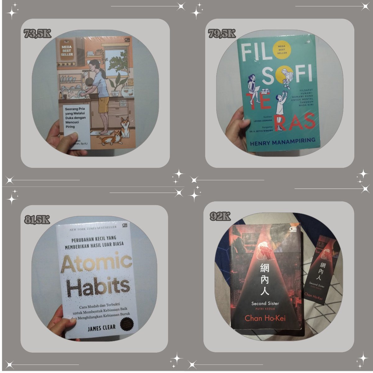 pblbooks's tweet photo. Want to sell / wts wtb

New sealed:
Seorang pria yang melalui duka dengan mencuci piring 73.5k
Filosofi teras 79.5k
Atomic habits 81.5k

Preloved:
Second sister 92k

Bisa cek akun Tokopedia @/favou_cute ^^ atau dm https://t.co/eX5Uj9Vjvt