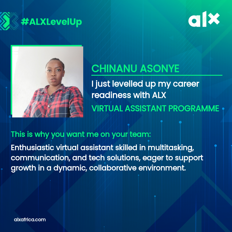 Chinanu_Asonye's tweet photo. It's official, I am an ALX VA graduate!!! 💃 💃 

Thank you @alx_africa  for this career transforming opportunity. 

hashtag#ALXVAGraduate2024, hashtag#ALXLevelUp, hashtag#LifeAtALX. 
 @alx_africa https://t.co/2aUZMeZzLc