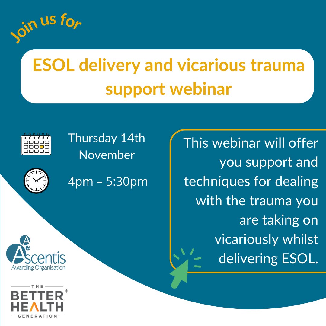AscentisAO's tweet image. Come along to Ascentis’ webinar featuring experts from The Better Health Generation. This webinar will offer you support and techniques for dealing with the trauma you are taking on vicariously whilst delivering ESOL.

ow.ly/C2kc50THAXs