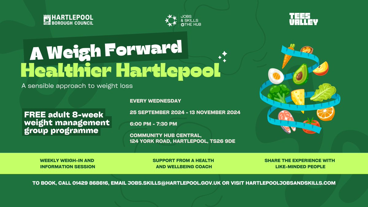 HartlepoolJS's tweet image. Our FREE weight management programme has already started, but it’s not too late to join!🏋️‍♂️✨

📅Every Wednesday, 25 September - 13 November
⏰6:00 PM - 7:30 PM
📍Community Hub Central, TS26 9DE
👉Call 01429 868616 or email jobs.skills@hartlepool.gov.uk
