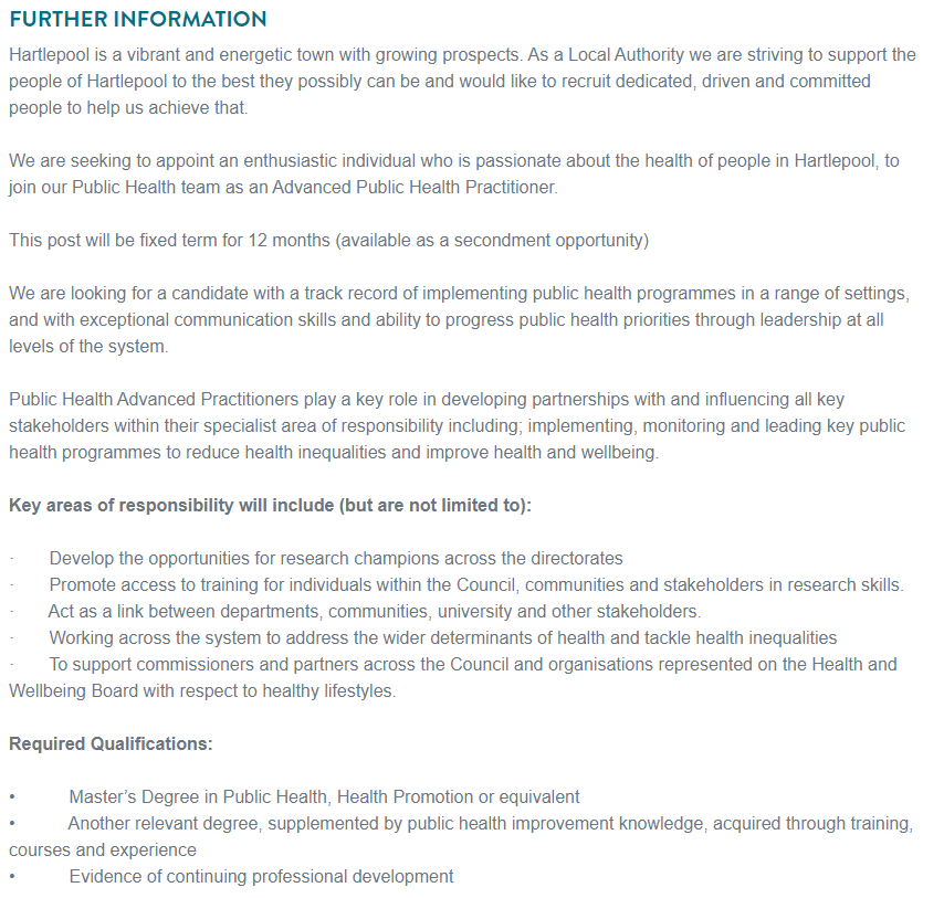 Advanced Public Health Practitioner - Research
Hartlepool Borough Council
Hartlepool
£43,421 - £46,464
Closes 15/11

northeastjobs.org.uk/job/Advanced_P…