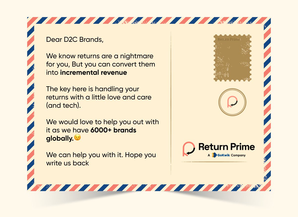 Mailed to:

DTC Brand
30% higher returns to revenue conversion lane  
Shopify Ecosystem
110011

#d2c #shopify #ecommerce
