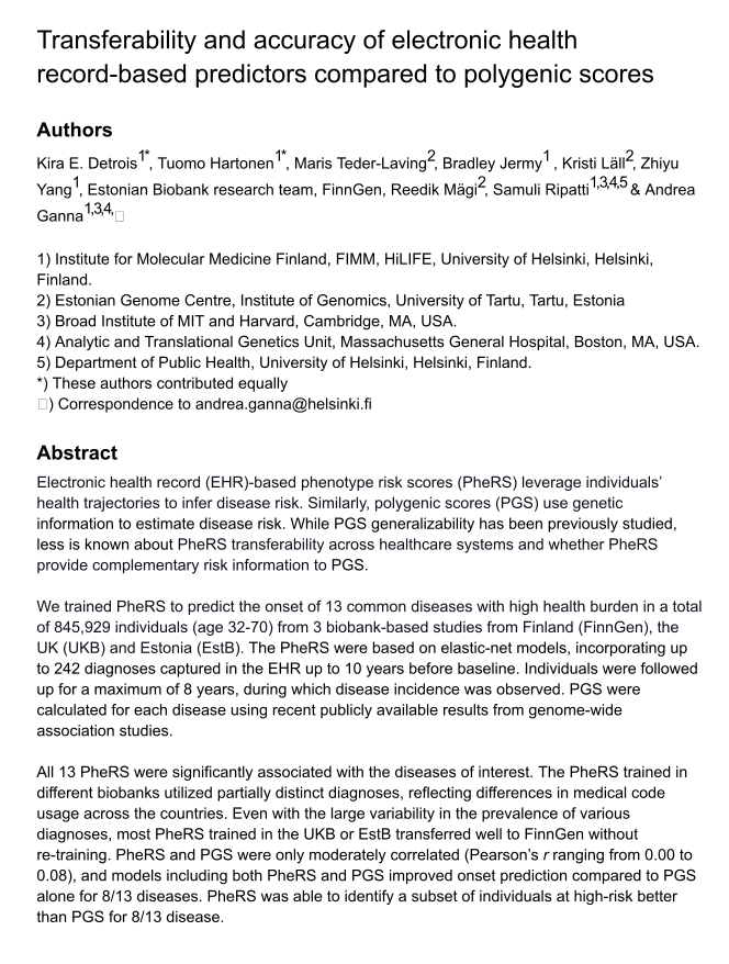 NEW PREPRINT ALERT ⚠️

Are electronic health records (EHR) more predictive of disease onset than polygenic scores (PGS)? Can we transfer EHR-based prediction models between countries?

We studied these questions using 3 biobank-based studies with &gt;845K people.

A thread 🧵

1/N