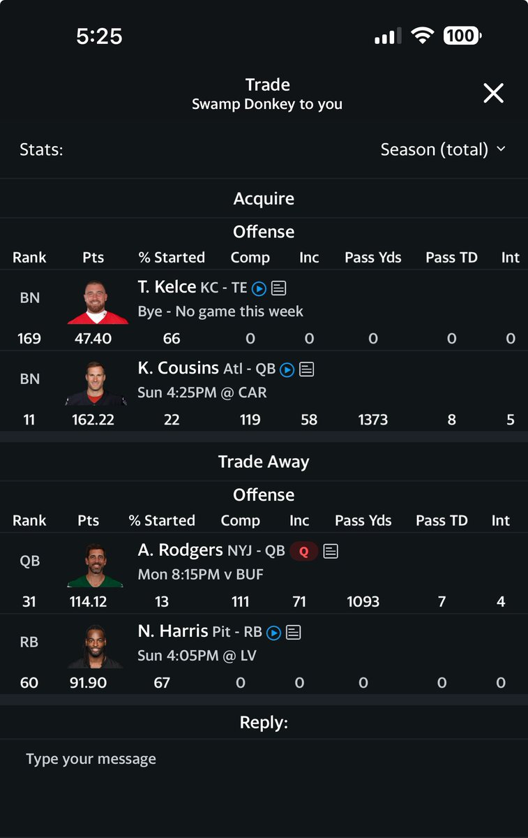 Capt_Charisma31's tweet photo. @Roto_Wizard Hi Evan.  Question for you if you have time. I received the following trade request.  Curious your thoughts.  Tua is my Primary QB. I have McCaffery, Eckler, J Williams, J Wright and Bigsby. My TE are J Smith and T Hill.  So essentially trading away Harris for Kelce https://t.co/TpXCM4gpKR