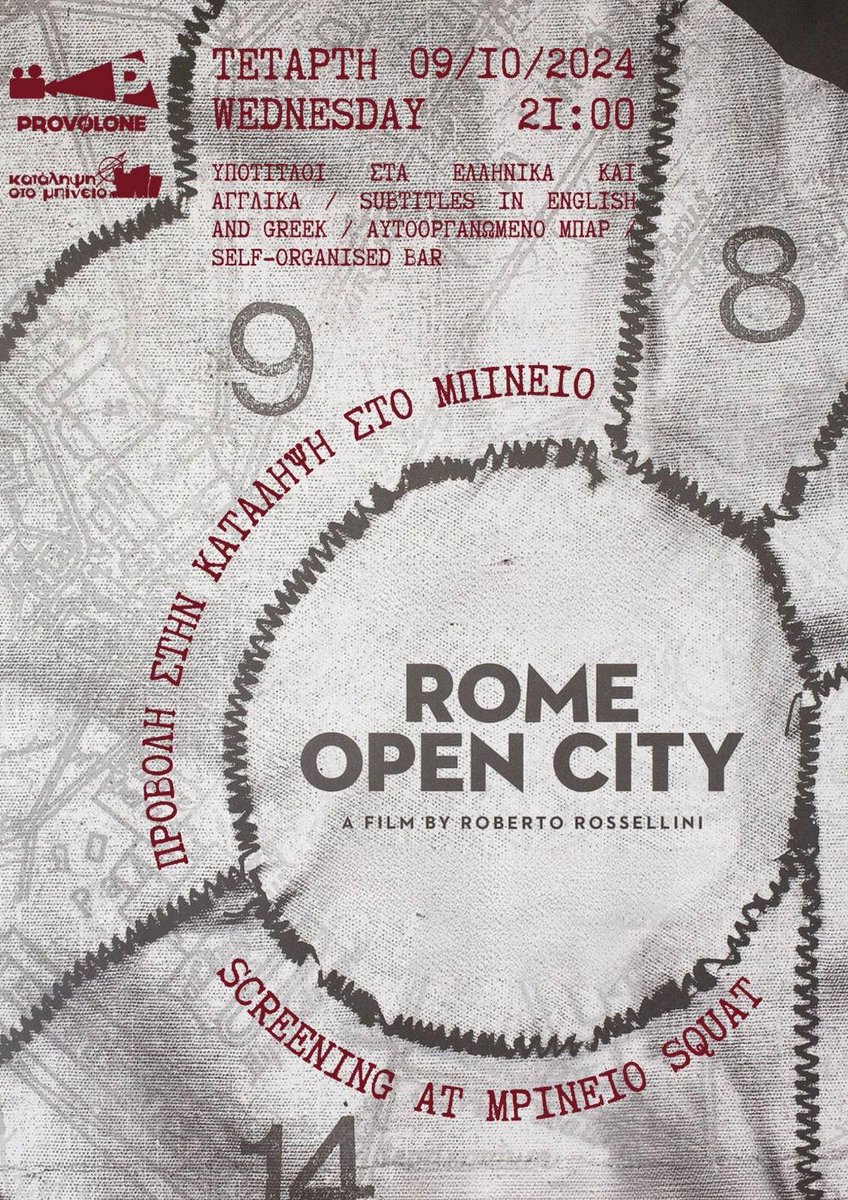 mpineio's tweet photo. Προβολές Τετάρτης - Open Air Screenings
Τετάρτη - Wednesday 09-10-2024
Ρώμη, ανοχύρωτη πόλη - Rome, Open City (1945)
στην αυλή της Κατάληψης στο Μπίνειο
in the Mpineio Squat yard
https://t.co/6yOjwIgy9M
#mpineio #antireport https://t.co/MGbI0ShbB6