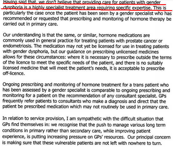 Some NHS GP's now claim they lack the expertise to treat trans patients with HRT, this letter is from the GMC in 2016 explaining that no, it is NOT beyond their expertise and is expected to be carried out in primary care as a duty to patient.

The HRT guidelines havent changed.
