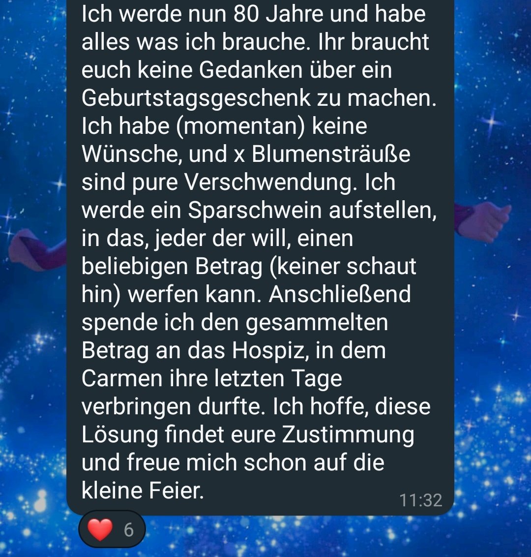 ICH HEULE
WIE SCHÖN
(Carmen = meine kürzlich verstorbene Oma)
(Whats App Nachricht von meinem Opa)
