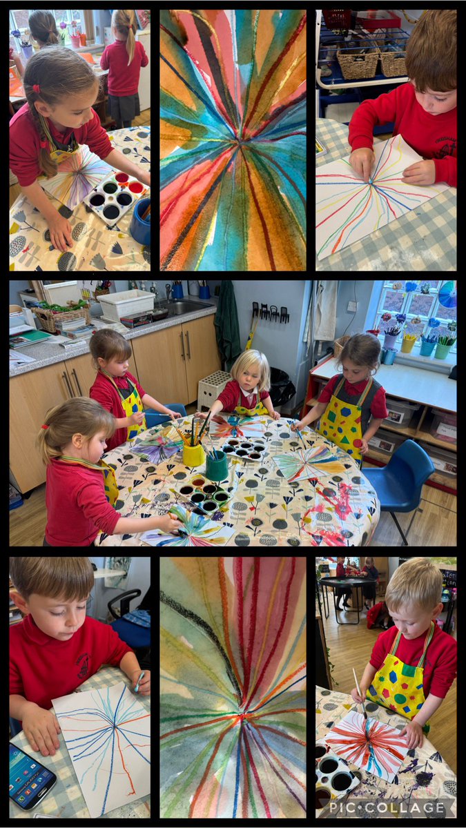 FrodshamCE's tweet image. Reception class busy this morning creating starburst pictures using pastels and brush ink. #makingmarks #eyfs