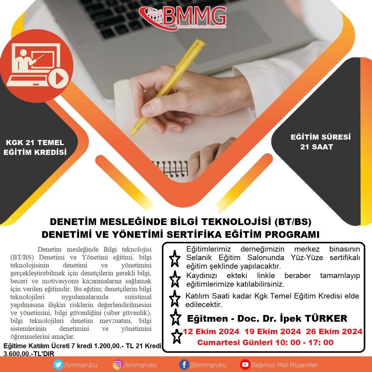 Bağımsız Denetçiler için sürekli zorunlu eğitim kapsamında; ilk defa yapacağımız toplam 21 kredilik Denetim Mesleğinde Bilgi Teknolojisi (Bt/Bs) Denetimi Ve Yönetimi Eğitimi Eğitime katılmak isteyenler forms.gle/4mxVrDsbuSd3zi… 

#eğitim #kgk #bağımsızdenetim #smmm #bmmgrubu